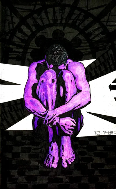 a man sits hunched over in deep emotion, the lush patterns behind his head suggest that what he is doing is holy or spiritual