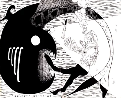 a diver in peril, her knife knocked loose from her hand, as a monstrous sea creature lures her in closer