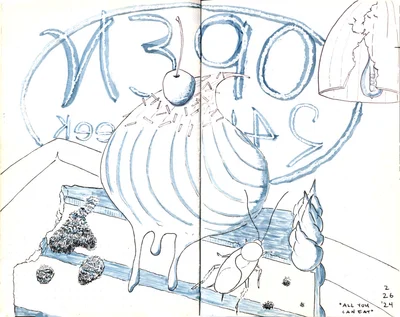 a delicious-looking slice of cake covered in mold with a cockroach crawling over it