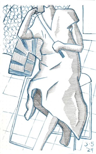 a woman reclines in a chair with an umbrella and beach towel