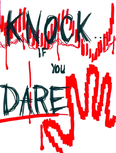 a pixelated bloody handprint underneath scrawled text: knock if you dare