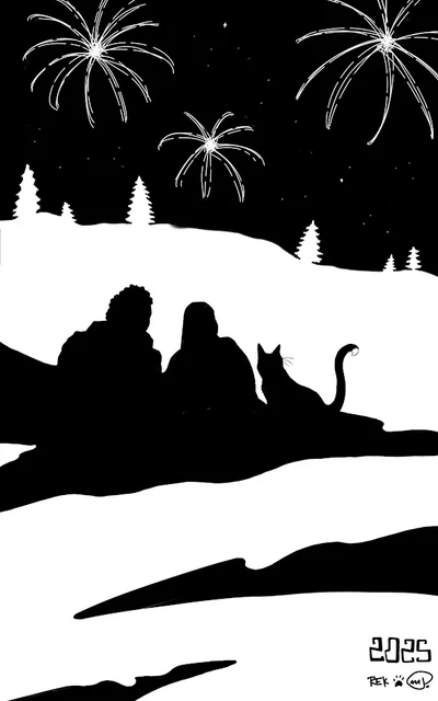 the silhouettes of two women, next to a curious cat, watch fireworks over a snowy landscape with trees in the background