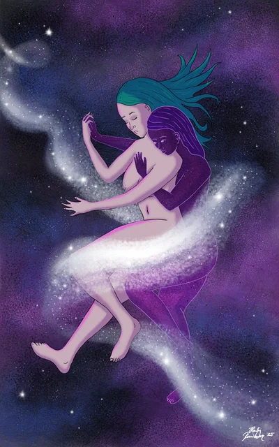 two women embrace, sleeping, while they float in space. a galaxy of stars envelopes them.