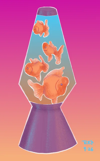 a lava lamp full of orange goldfish floating lazily