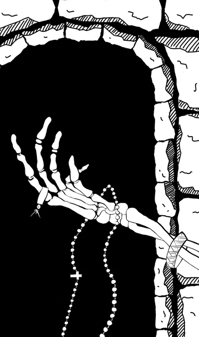 a skeletal hand reaches at something out of sight, its jewels and religious icons sparkling in the dim light of the crypt