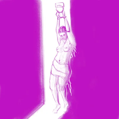 a woman held in chains peers uncertainly at a crack of light from an open door