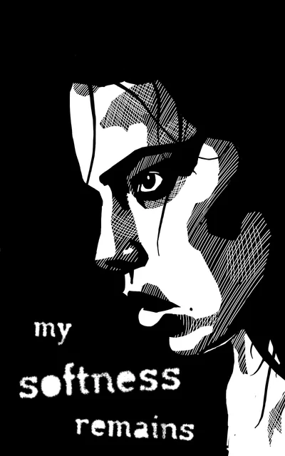 a woman in shadow waits for the next movement, her eyes soft but alert. the caption reads "my softness remains".